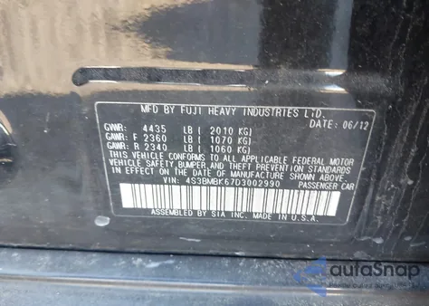 2013 Subaru Legacy 2.5I Limited z USA, uszkodzony, nr VIN 4S3BMBK67D3002990